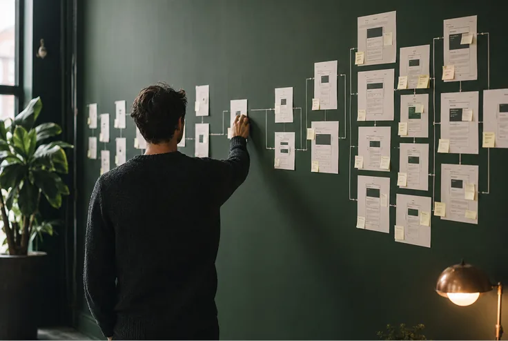 Designer organiseert e-mailontwerpen op groene muur