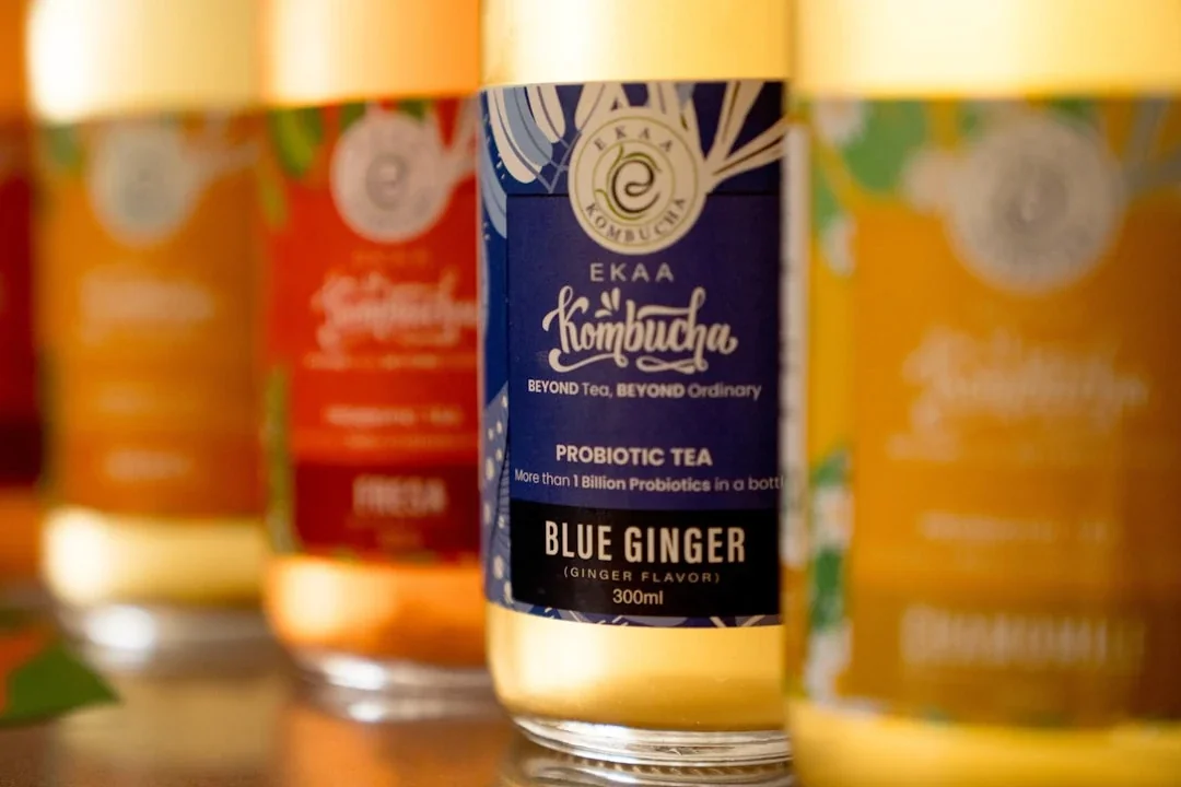 A row of bottles of blue ginger tea