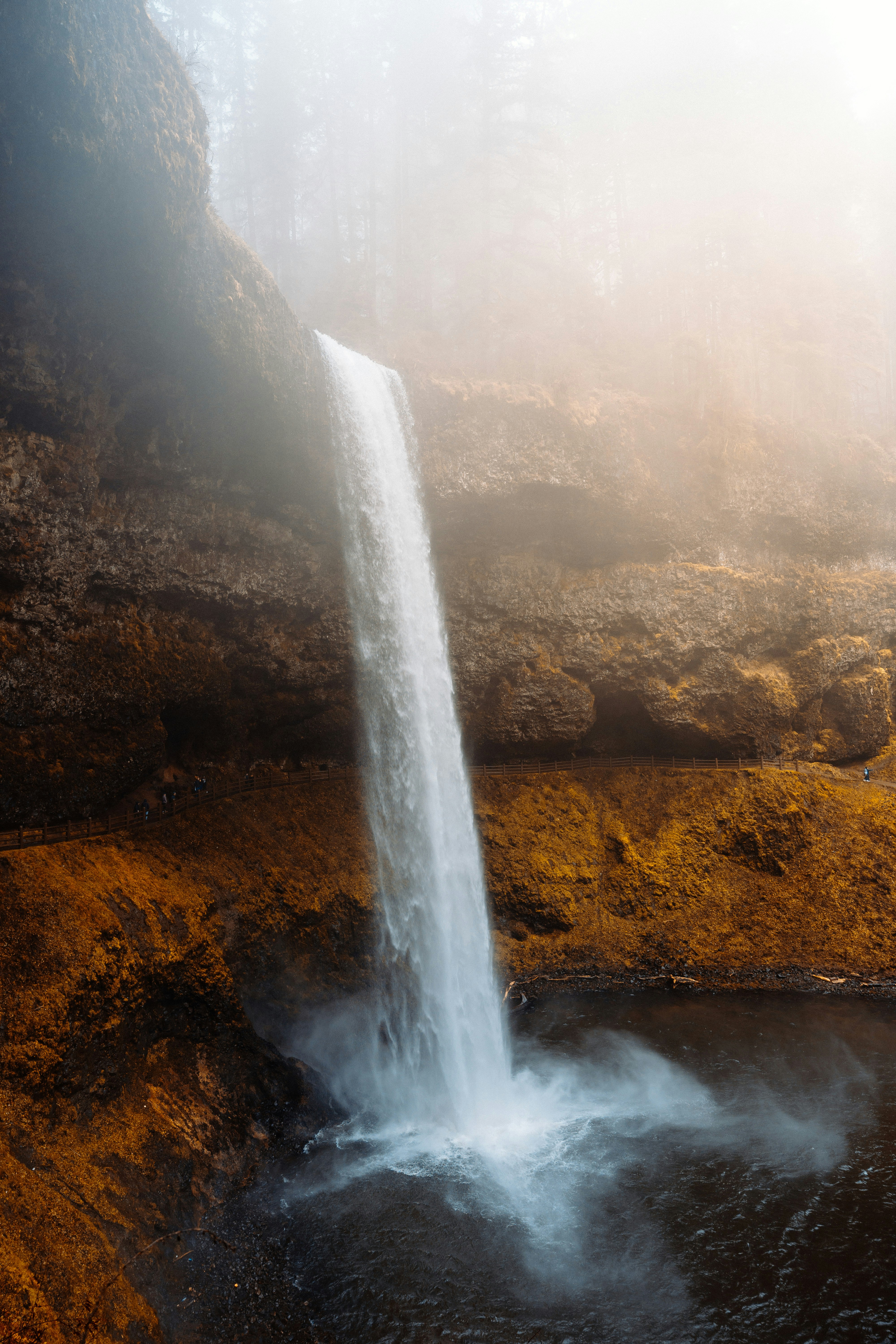 A tall waterfall cascades down a rocky cliff face.