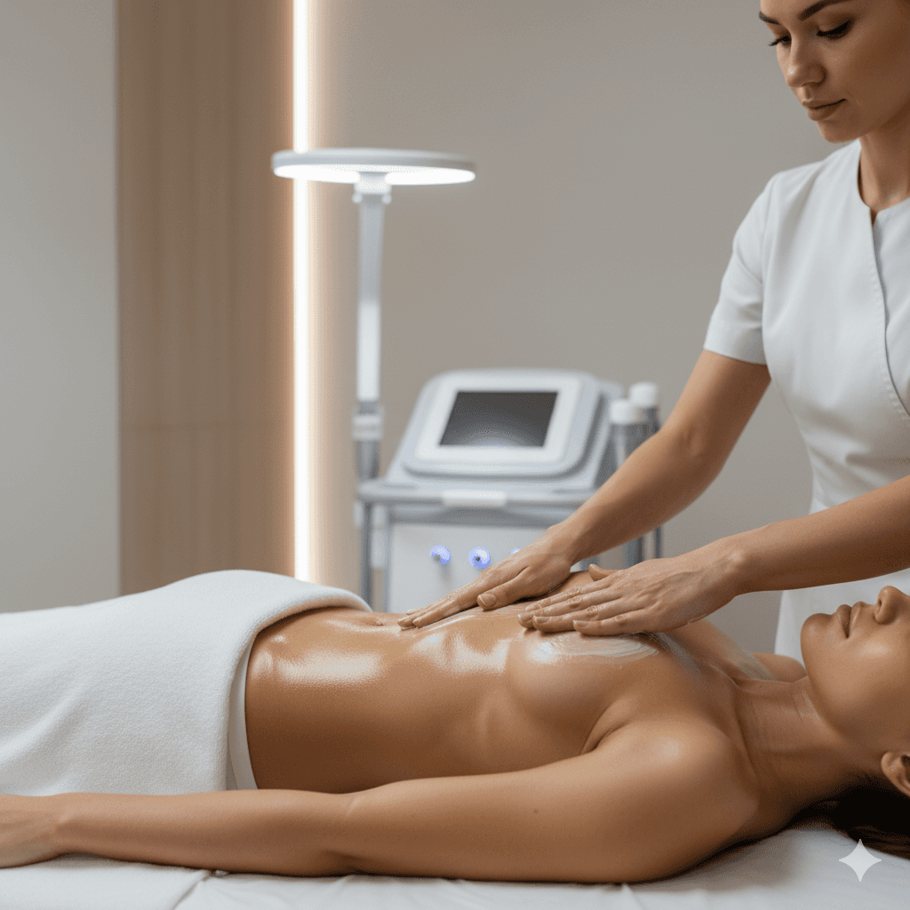 A woman lying down with a towel wrapped around her head, her face glowing with facial oil. She has a peaceful expression, enjoying a skincare treatment.