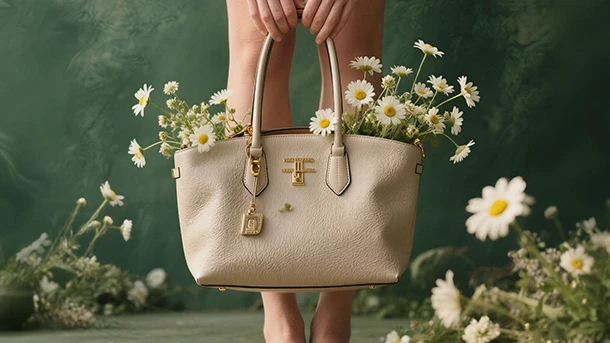 Beige handbag with daisies, barefoot on daisies, soft green background.