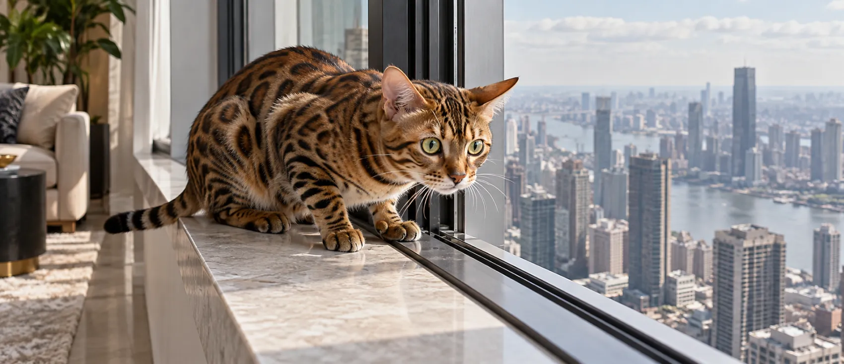 A Bengal cat balances on a narrow window ledge high above a city skyline.