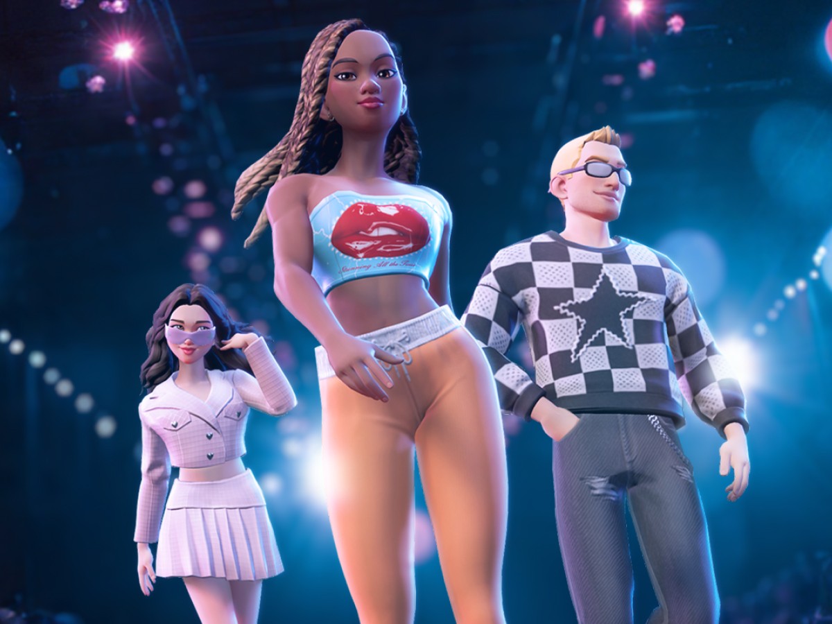 two girls and one boy, gaming avatars, walking podium