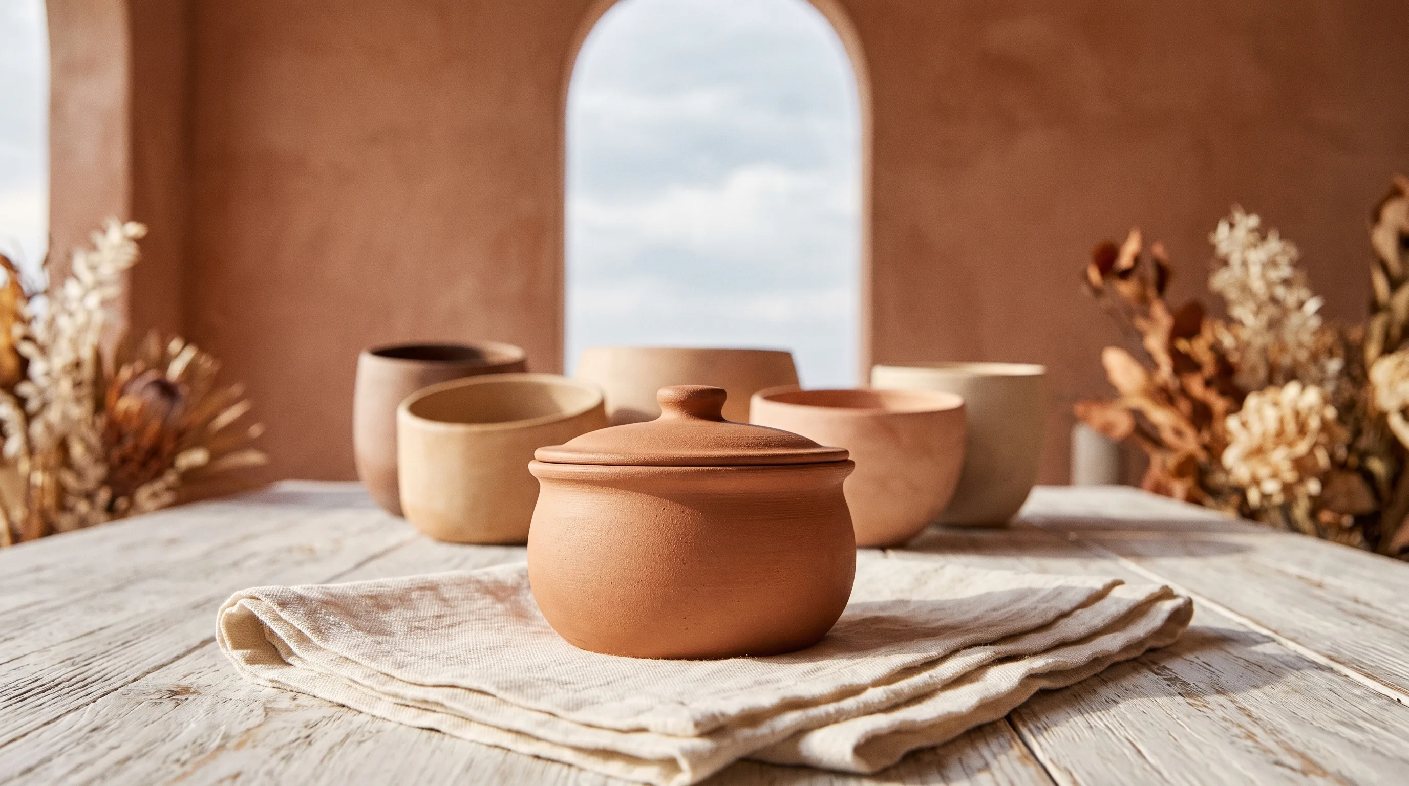 A small lidded ceramic pot on a folded cloth, sharply in focus and set apart from a group of open vessels behind it