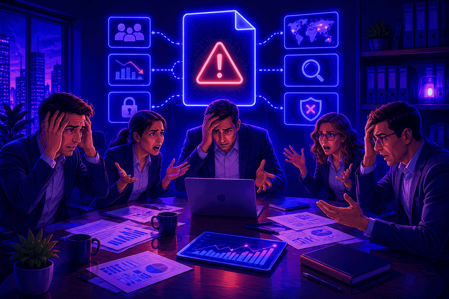 Líderes empresariais reagindo a um incidente potencial de perda de dados e lutando para determinar as próximas etapas para contenção de riscos e investigação.