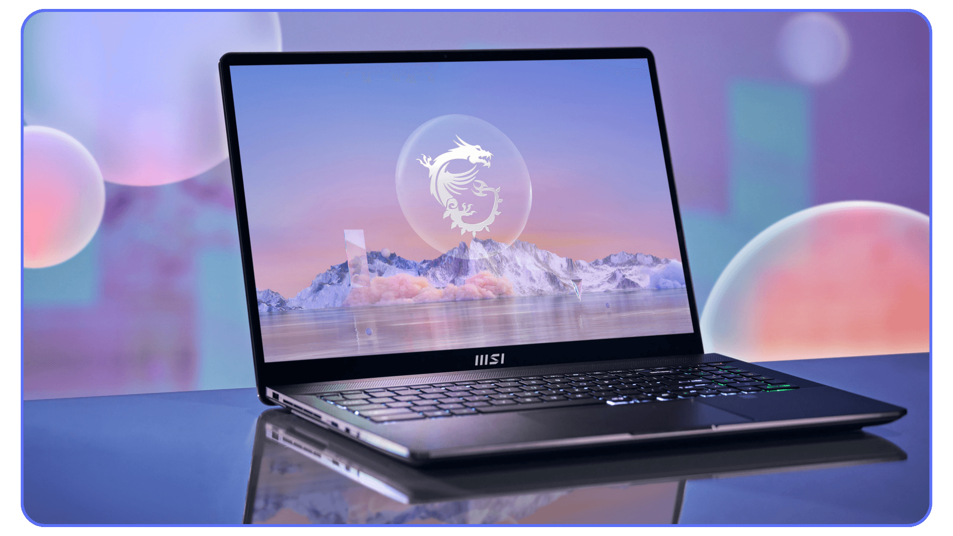 An MSI laptop with a serene mountain landscape on the screen, placed on a desk with a clean, modern look.