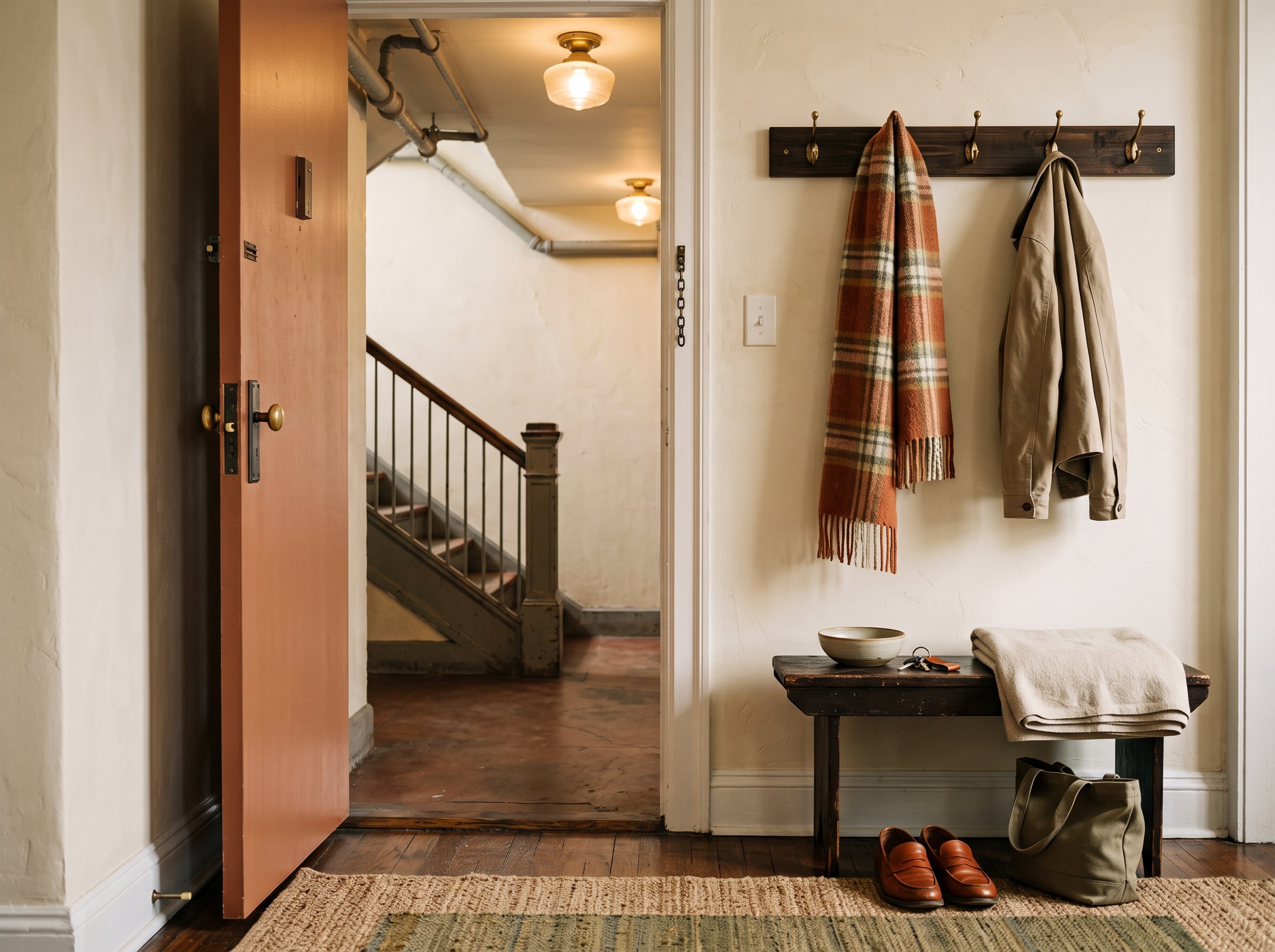 An apartment front door opening onto a warm hallway
