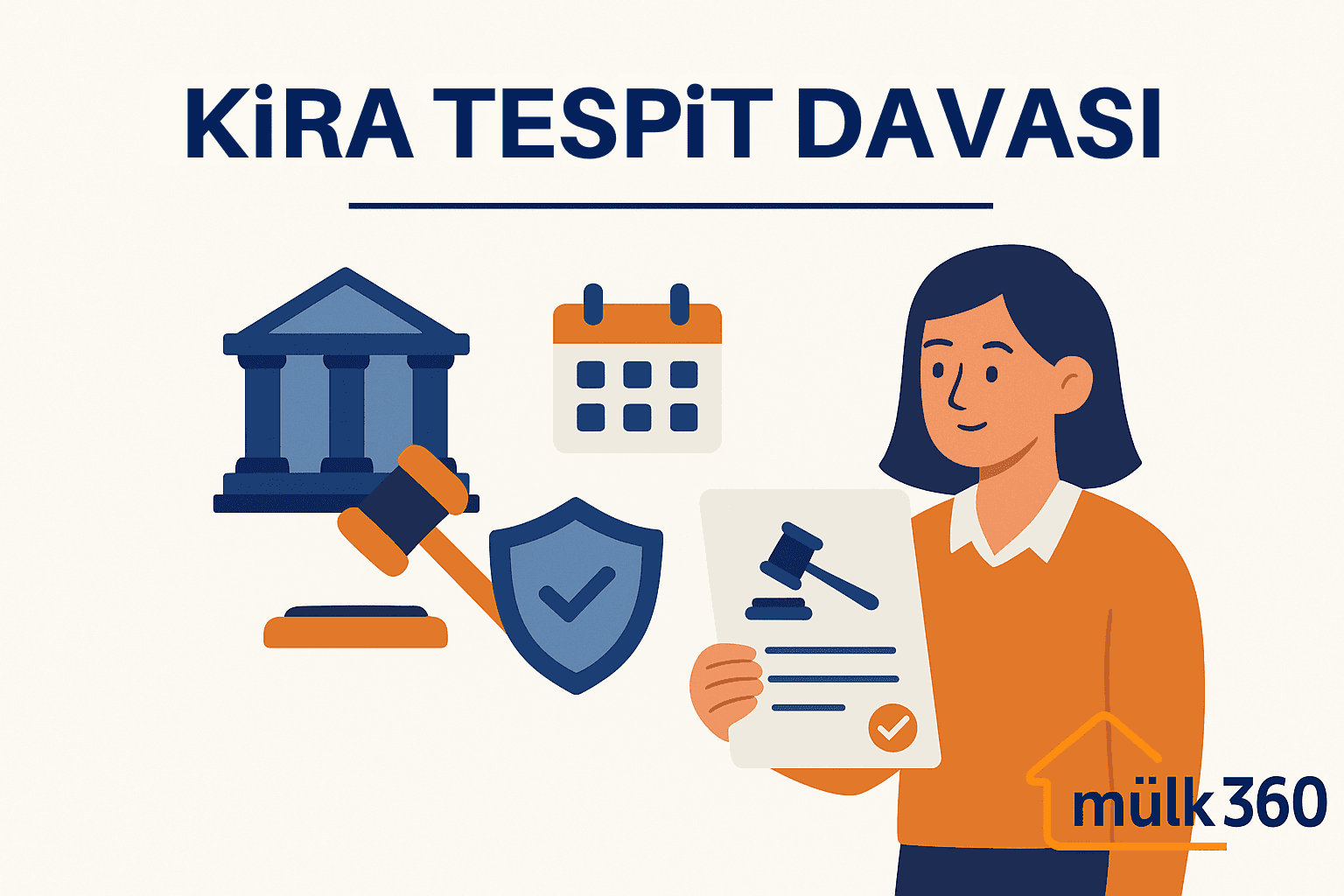Mülk360 ile kira tespit davası sürecine dair belgeleri inceleyen kadın figürü; görselde mahkeme binası, gavel ve takvim ikonları yer almakta