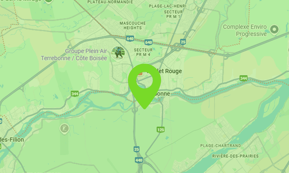 Carte montrant la zone de Terrebonne étant desservie par B2Web, agence professionnelle de création de sites web