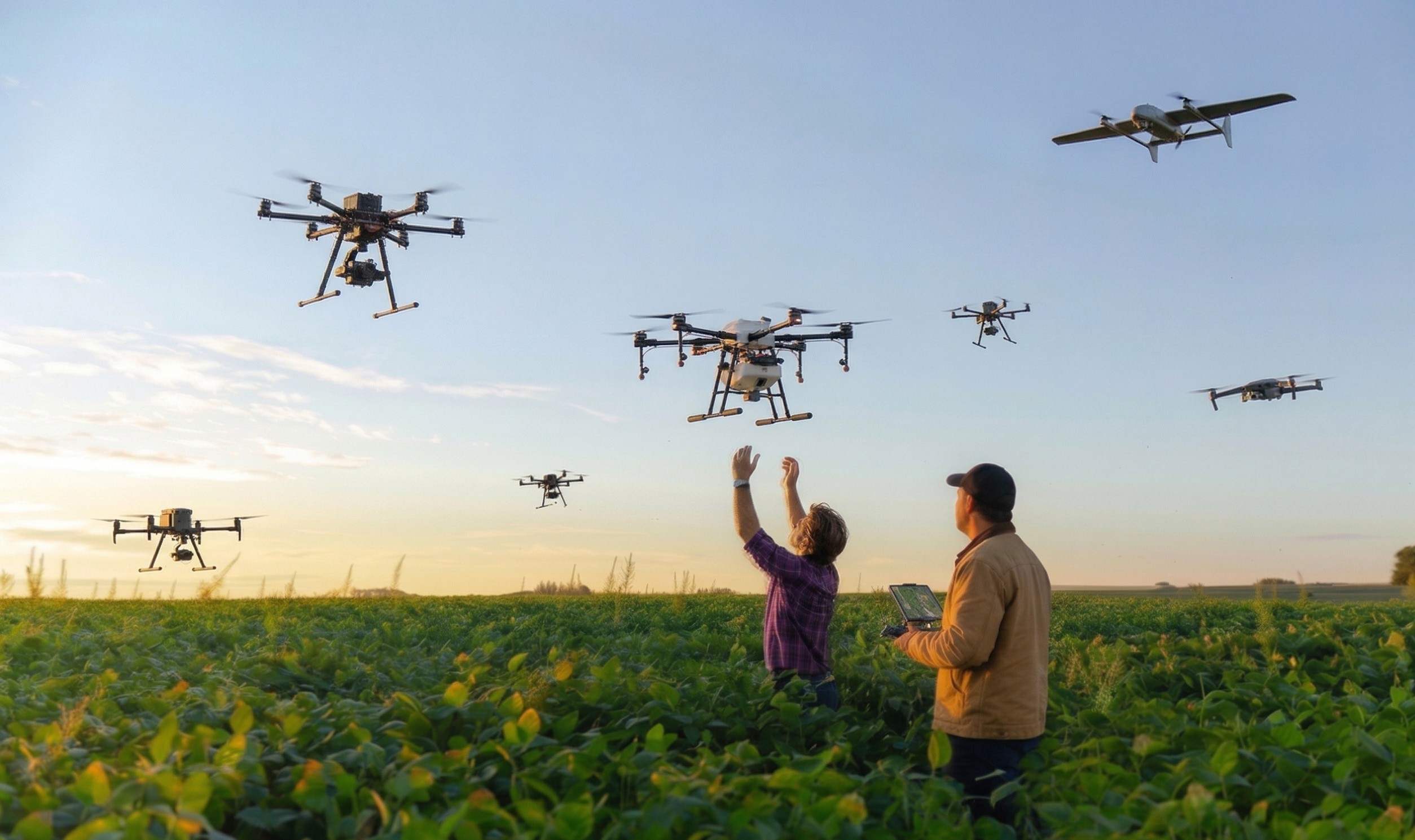 farm operators reaching for drone