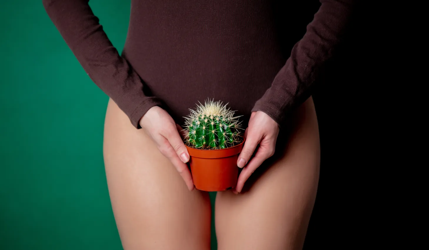 woman holding cactus at pelvis