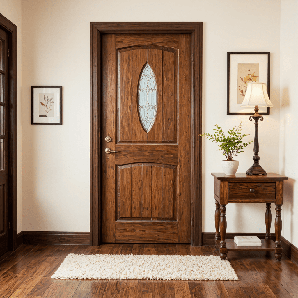 product photography of wooden door with a glass panel