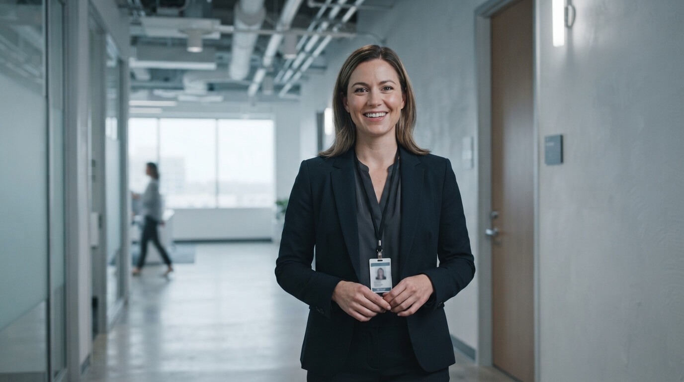 A female executive standing in an office hall way