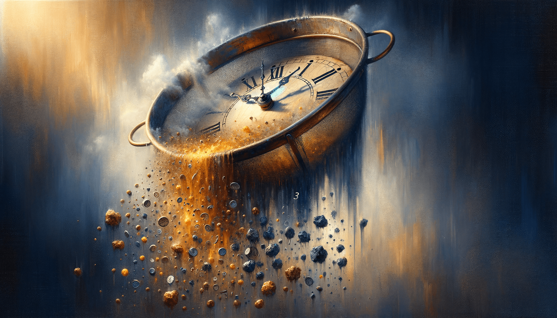 Oil painting of clock hands and numerals flowing through a copper kitchen sieve