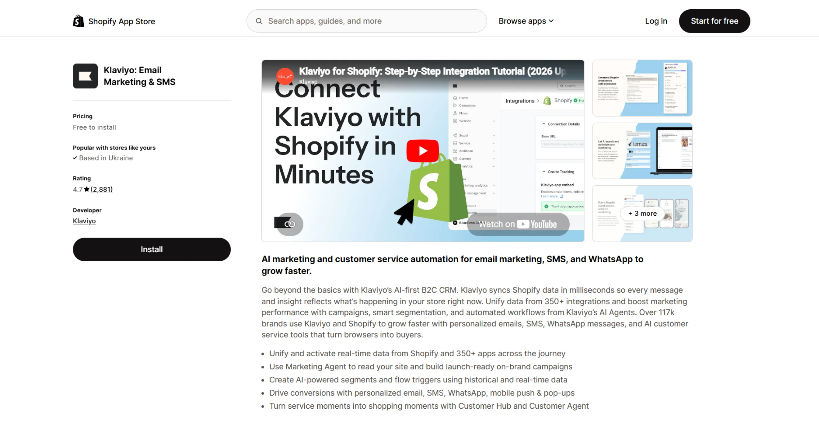Klaviyo email marketing and SMS app listing page on the Shopify App Store.