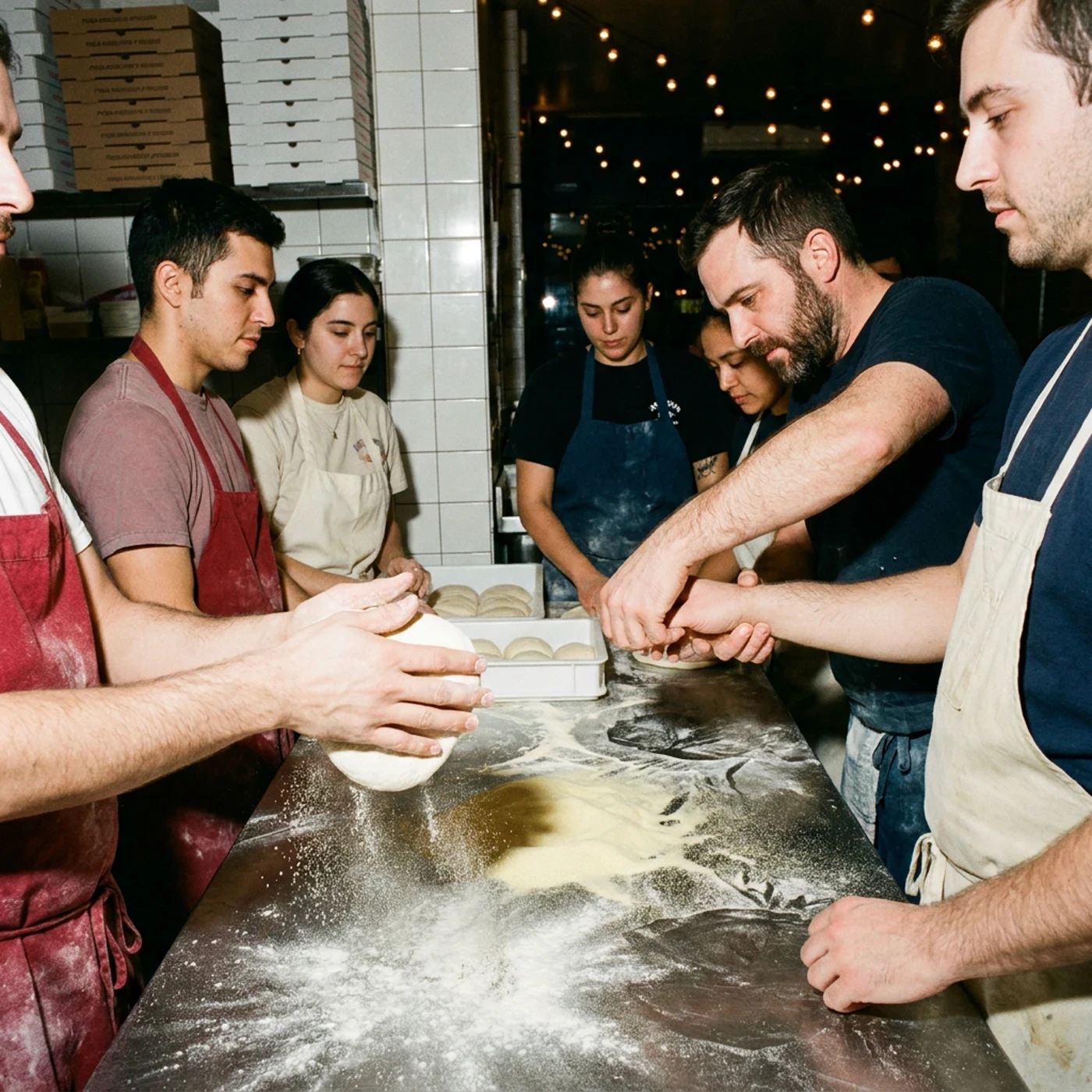 Pizzeria staff and guests around a floured steel table, hands stretching dough