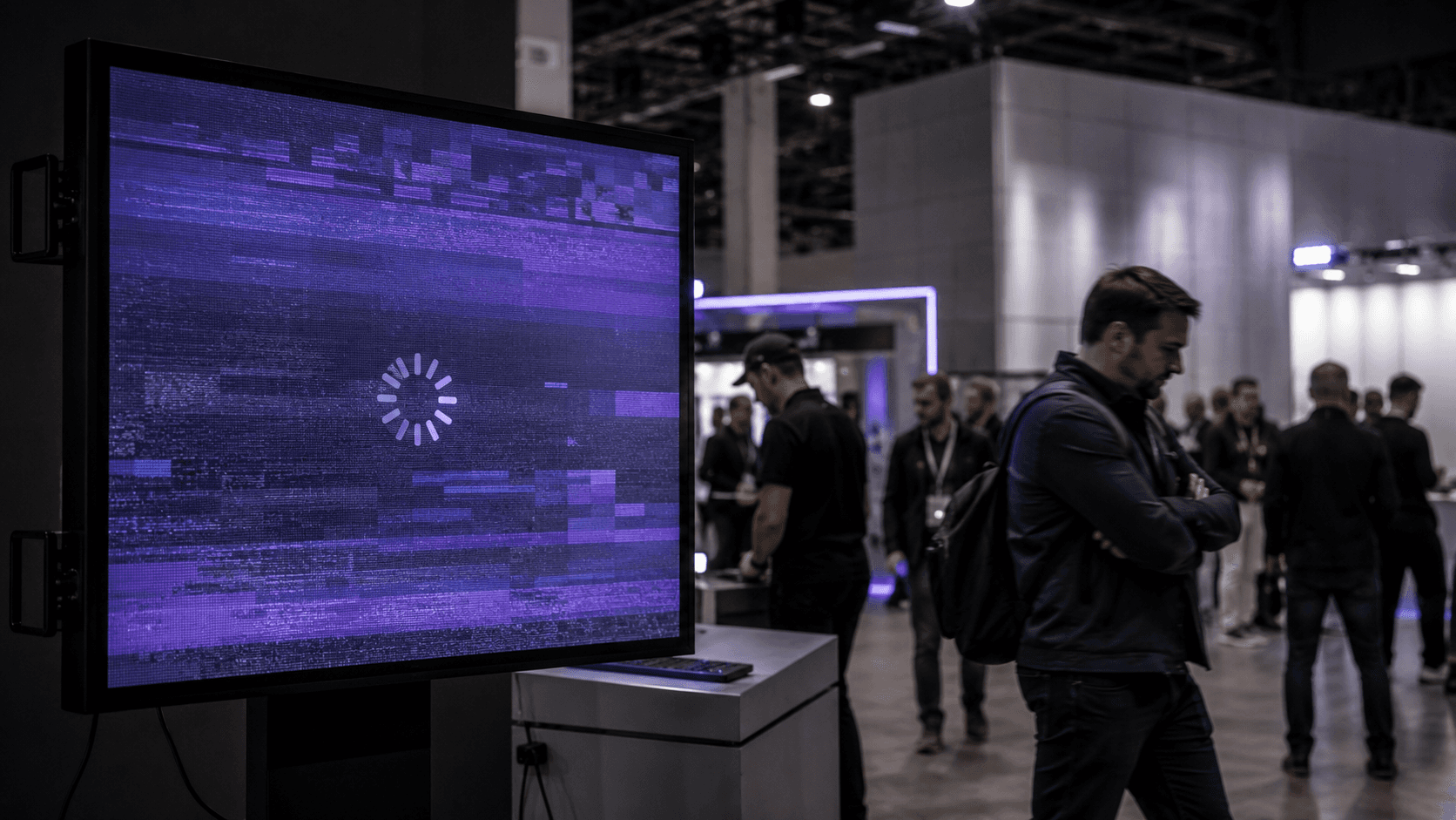 Glitching frozen screen at an event booth as a visitor walks away, showing a connectivity failure