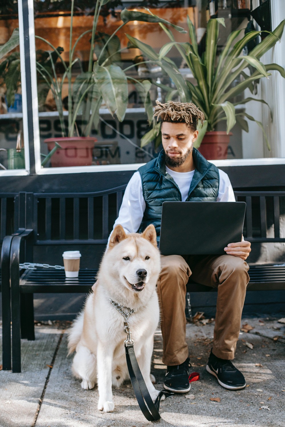 Big dog sitting next to his dad on an outdoor bench