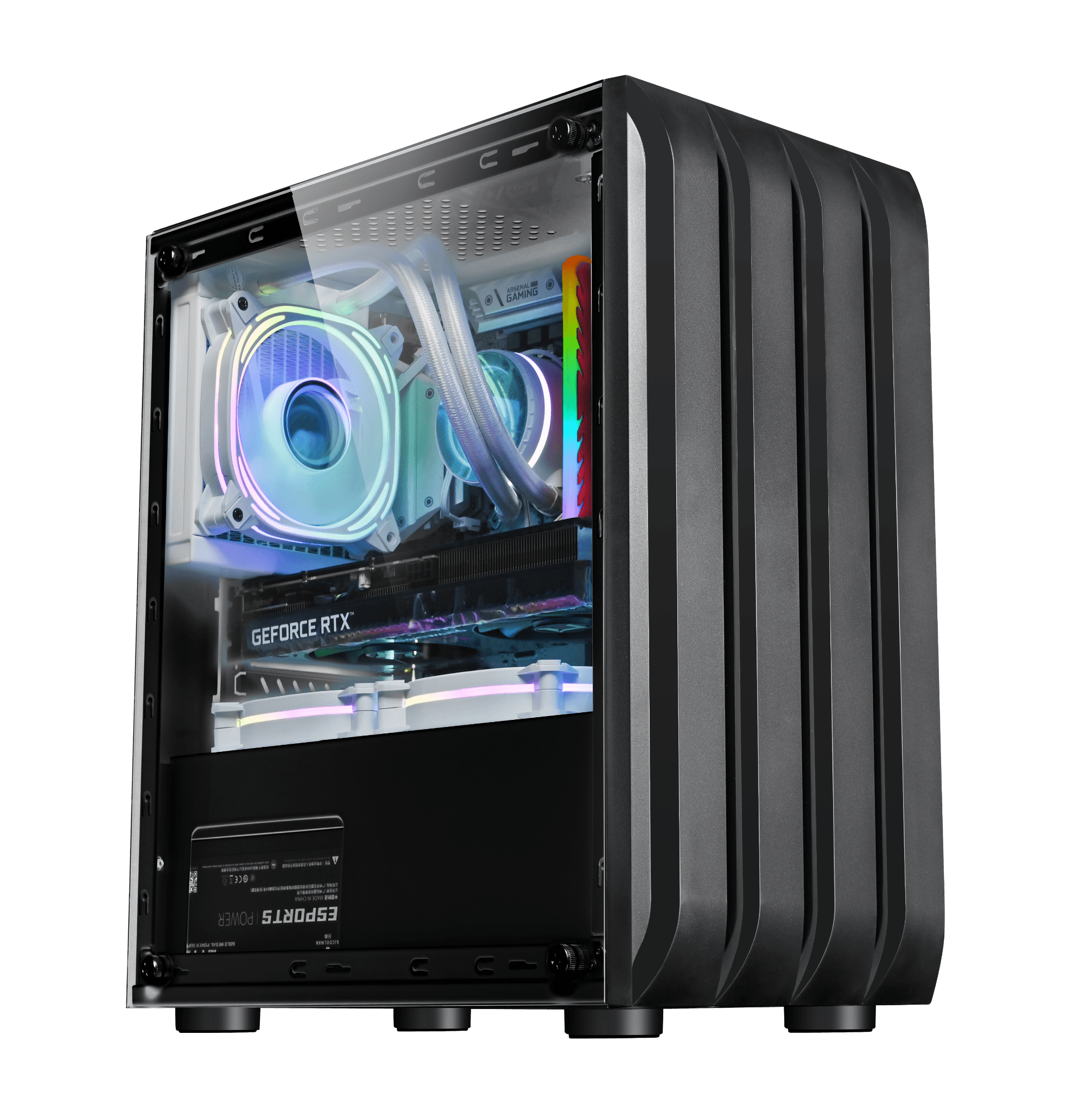 Side view of a premium black gaming PC case with tempered glass panel, featuring RGB lighting and visible liquid cooling system. Optimized for the best gaming PC build 2023, it supports high-performance configurations like desktop PC i7 16GB RAM SSD. Perfect for gaming enthusiasts, this modded gaming PC case is designed for advanced gaming builds, budget gaming PC build 2023, and high-end computers. A sleek tower gaming design for top-ten gaming PC setups, complete PC builds, and affirm PC gaming finance options. Suitable for gaming pc fps, video gaming PC, and gaming bundle enthusiasts.