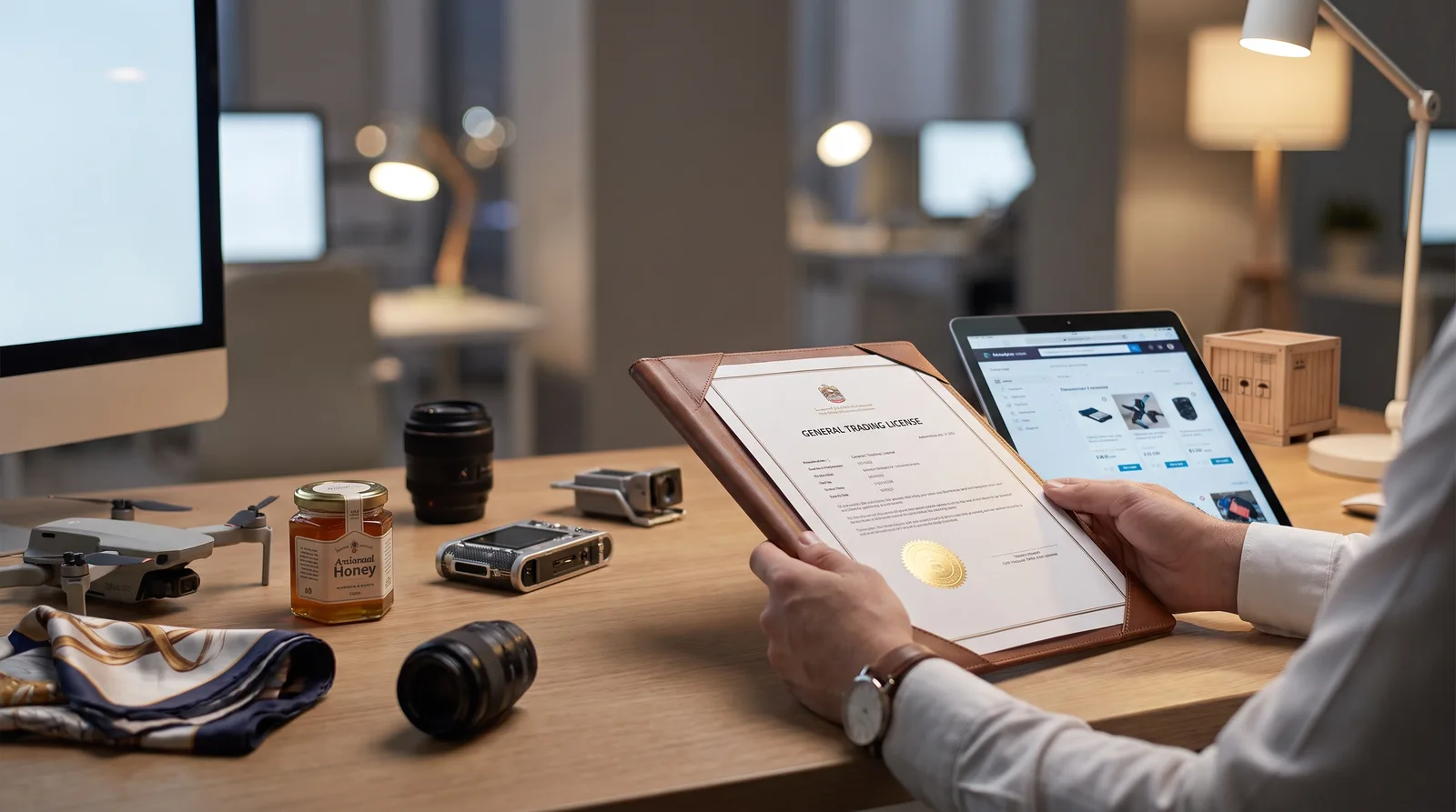 Can You Trade Any Product on a General Trading License beside a Dubai trade license document and a modern office desk