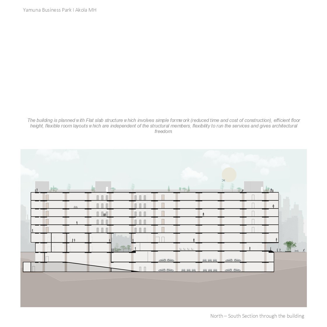 Business Park, Akola - section showing flat slab structure and flexible floor plates, designed by Rooted Narratives, Bengaluru.