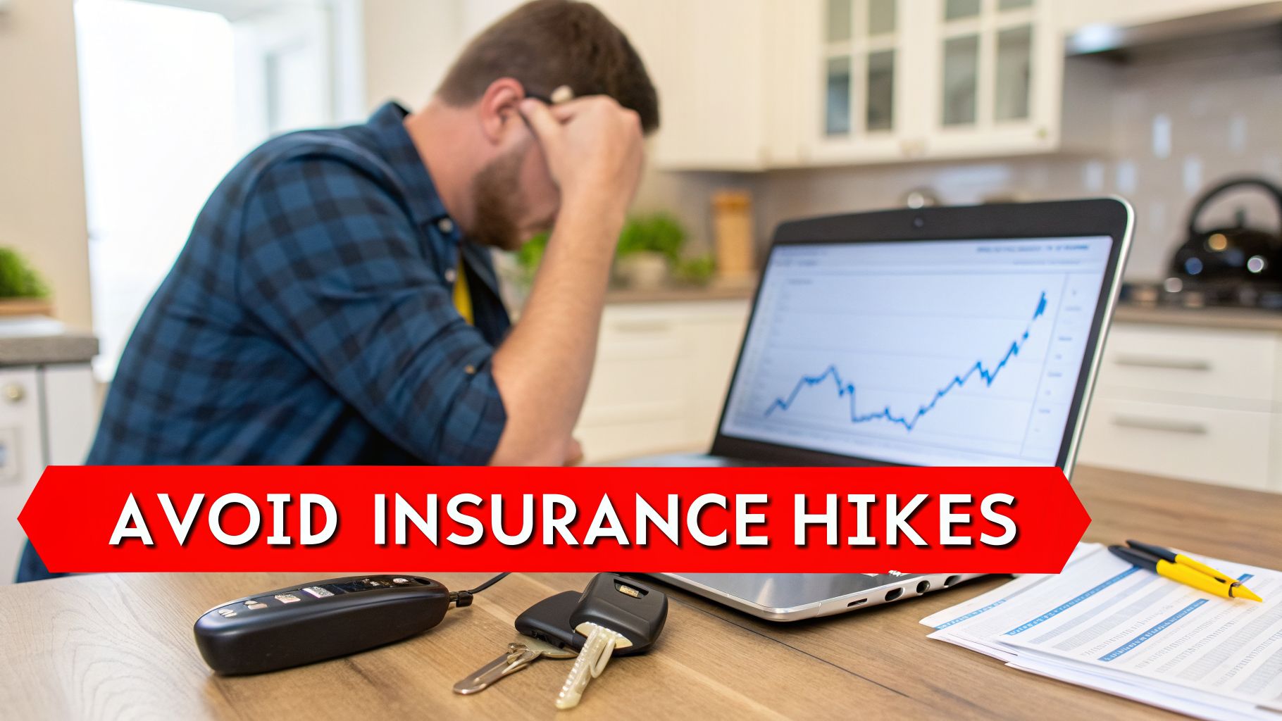 Stressed man looking at rising graphs on a laptop, with car keys, documents, and text “AVOID INSURANCE HIKES”.