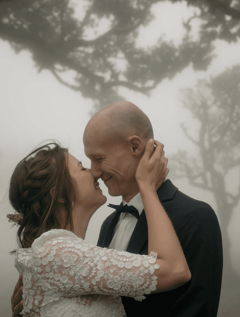 happy elopement couple misty fanal forest
