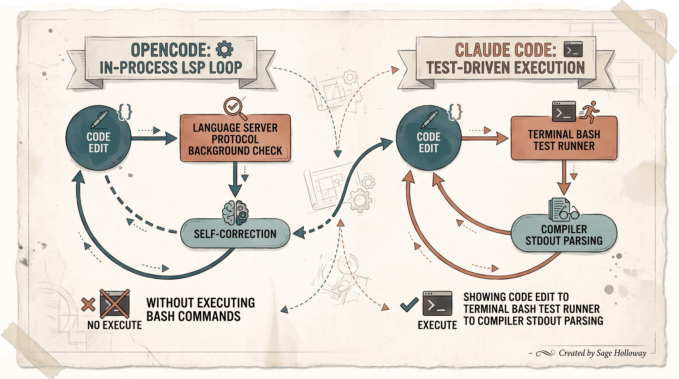 Flowchart diagram comparing OpenCode Language Server Protocol loop with Claude Code terminal execution
