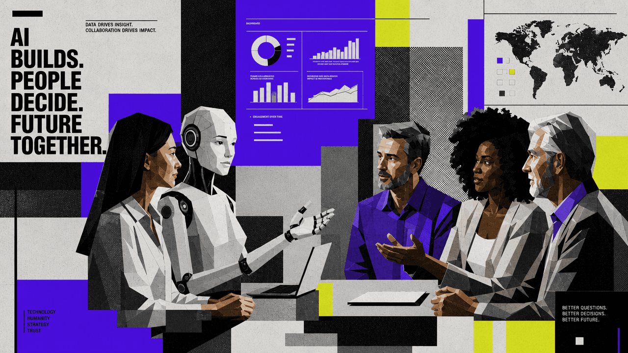 cover image showing human researchers and an AI moderator collaborating with data dashboards, representing how AI moderated interviews can support faster, scalable qualitative insights.
