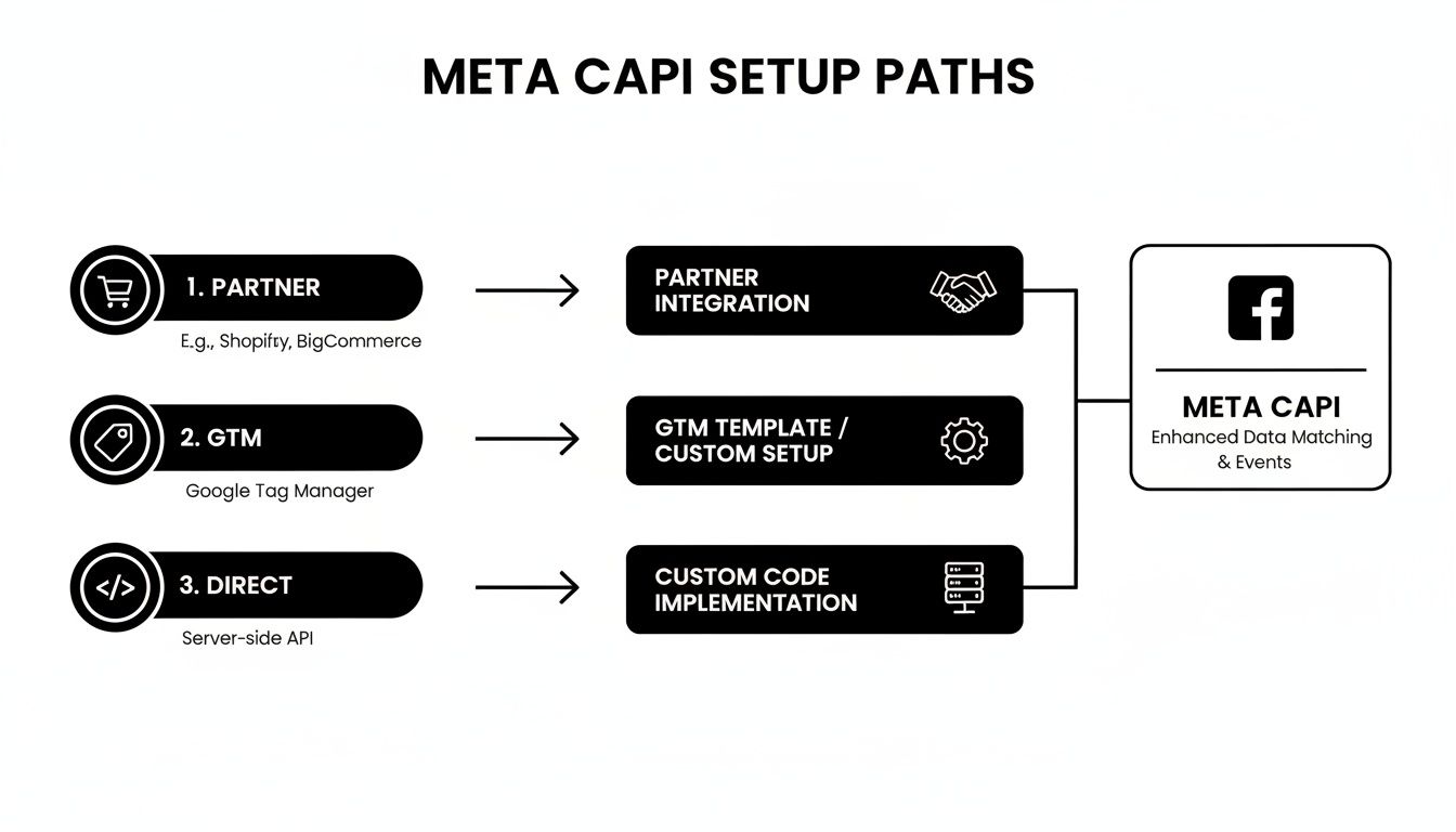 Diagram illustrating three setup paths for Meta CAPI: Partner, GTM, and Direct integrations.