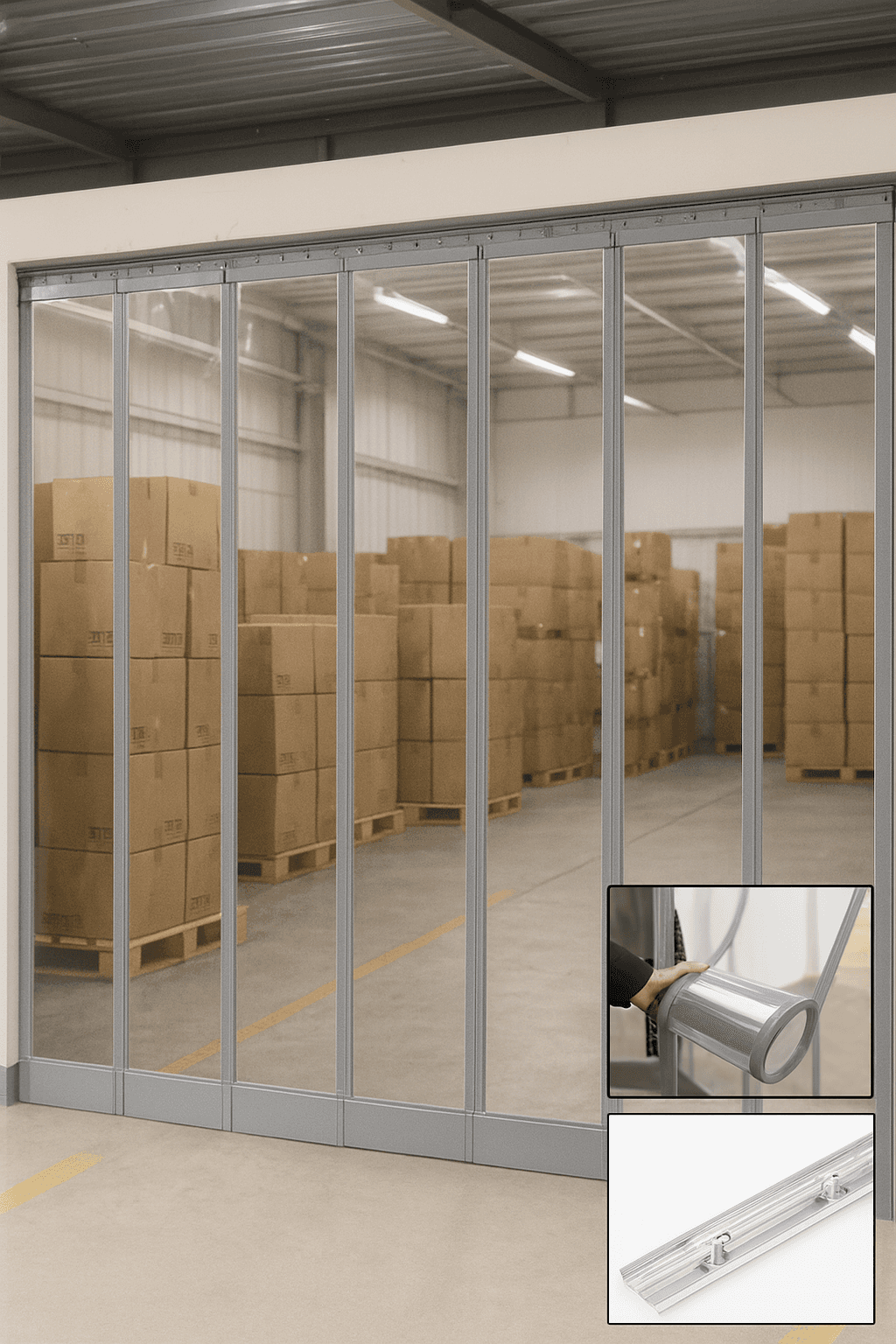 Cortina magnética de puerta transparente PVC 2 mm con cierre por succión magnética marca Imantha Tec, ideal para uso comercial e industrial en bodegas, cámaras frías y áreas de producción, fabricada en vinilo PVC de alta calidad con instalación en riel superior