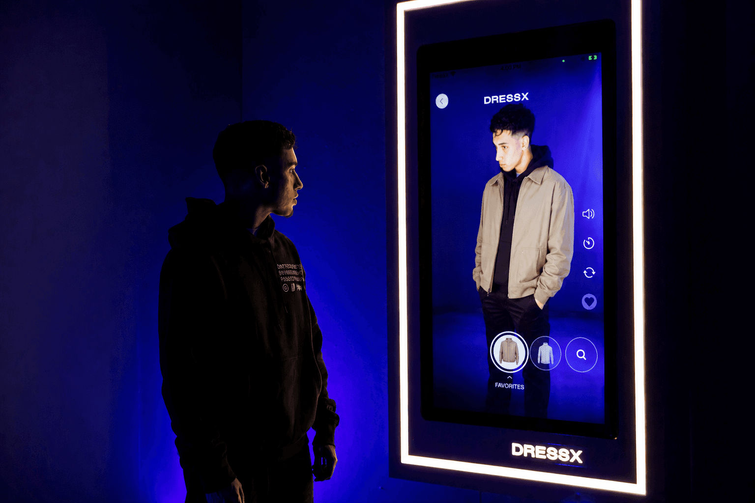 DRESSX Mirror is a human-sized interactive screen purpose-built for fashion retail and events