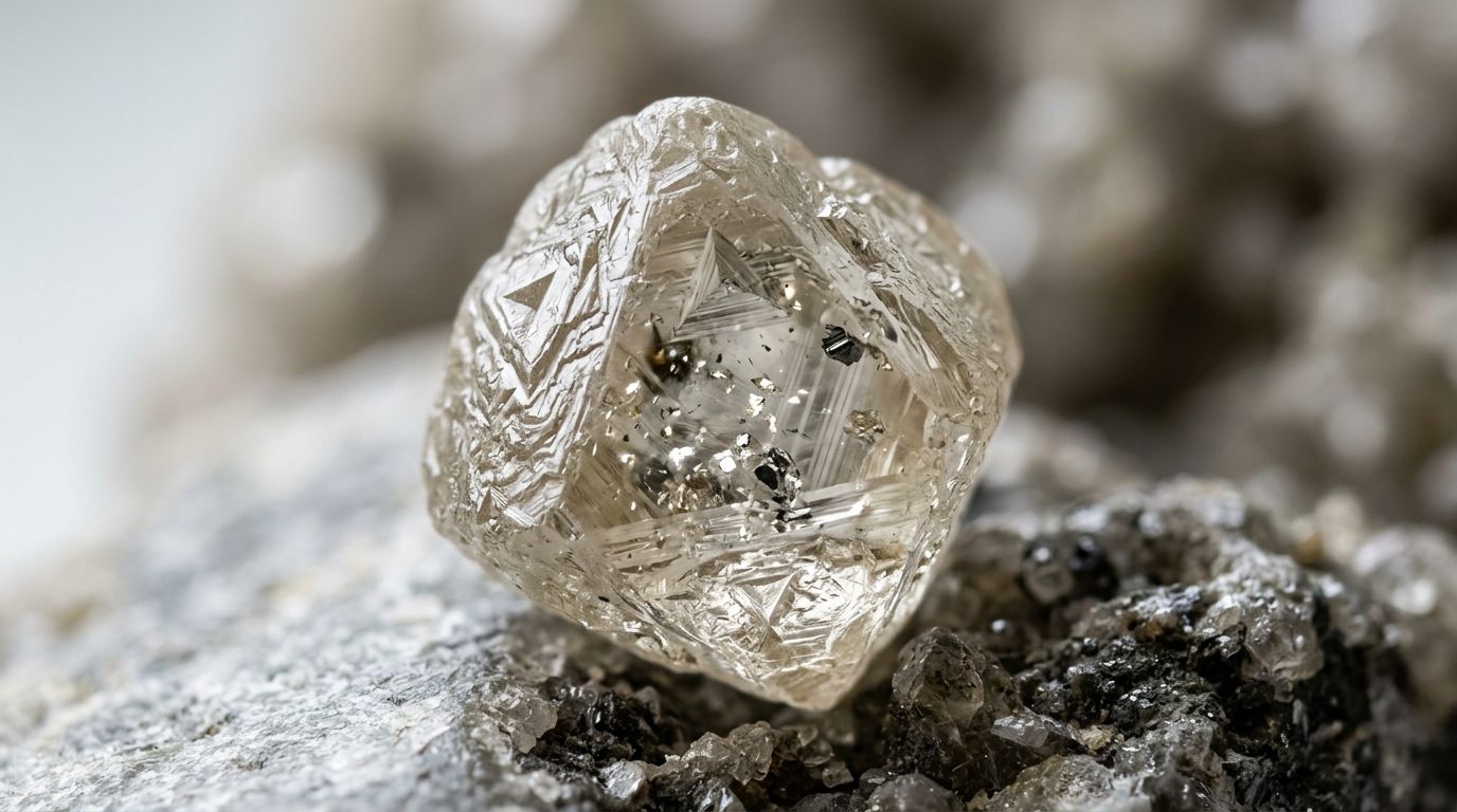 A raw, uncut rough diamond with intricate geometric crystal patterns resting on a rocky mineral surface.
