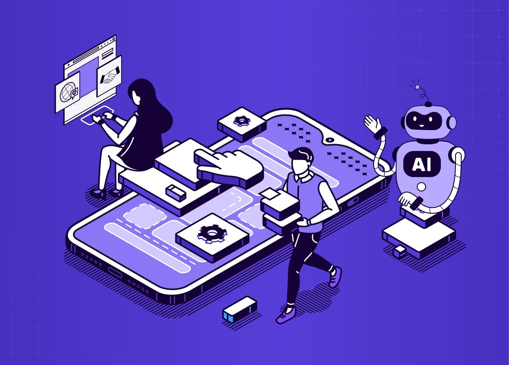 Illustration of humans and an AI assistant collaborating on a mobile interface, representing AI-powered workflows, automation, and digital product experiences.