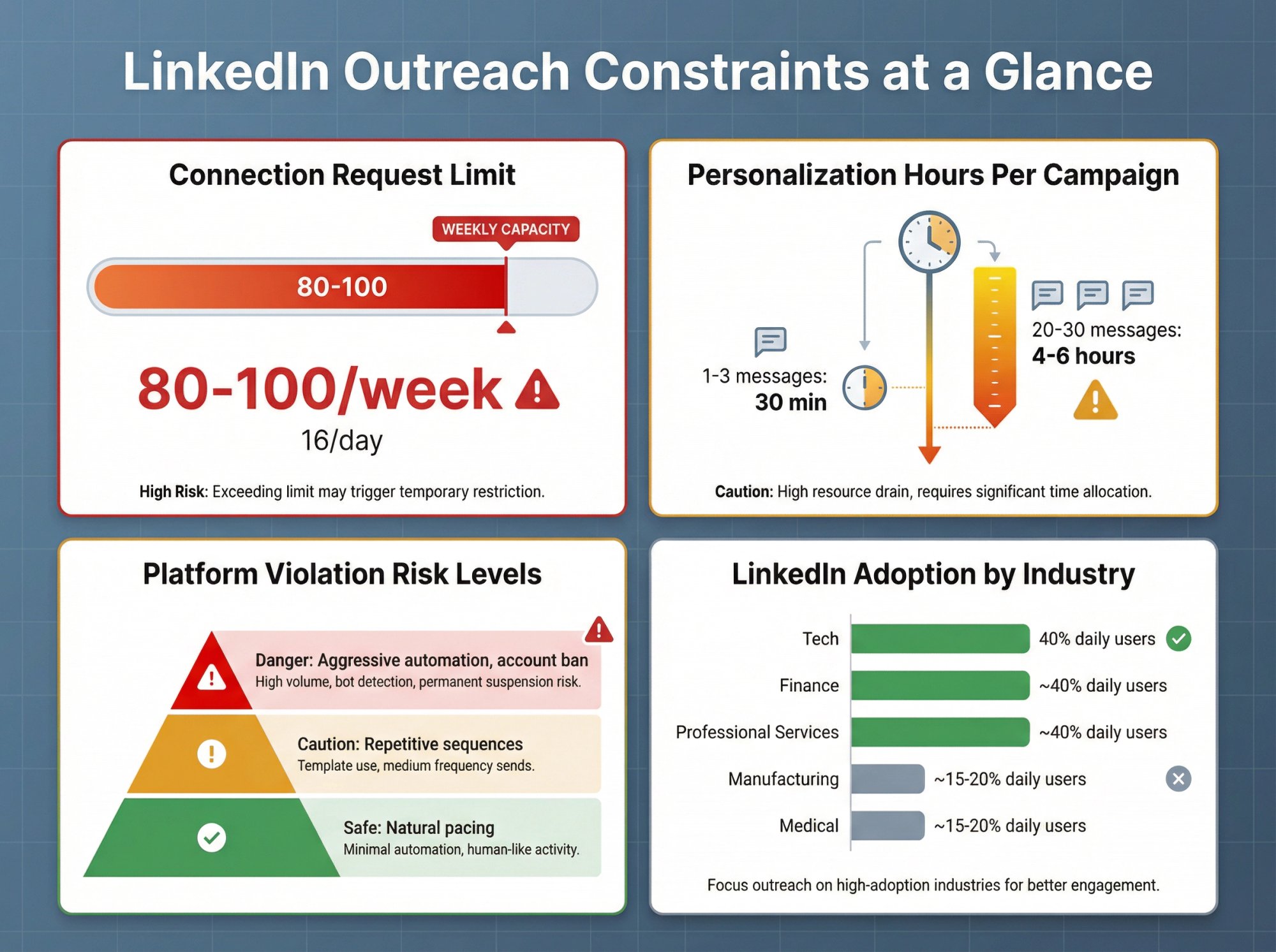 LinkedIn limitation dashboard showing weekly connection limits, personalization time investment, and account ban risks across constraint categories