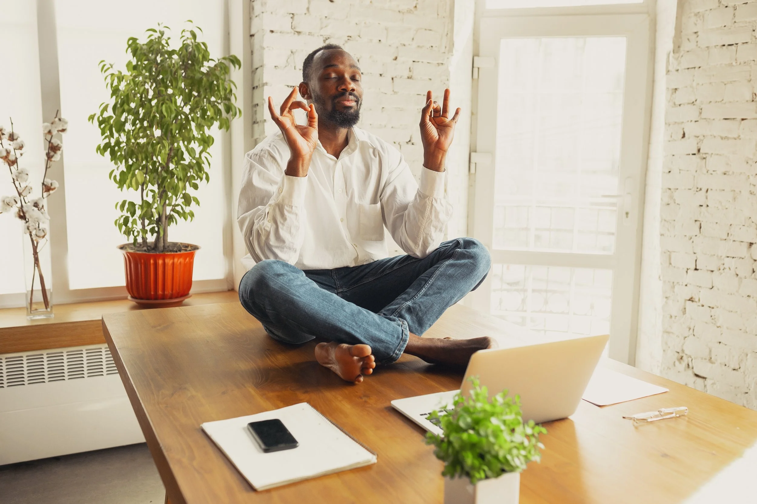 Zen man on desk