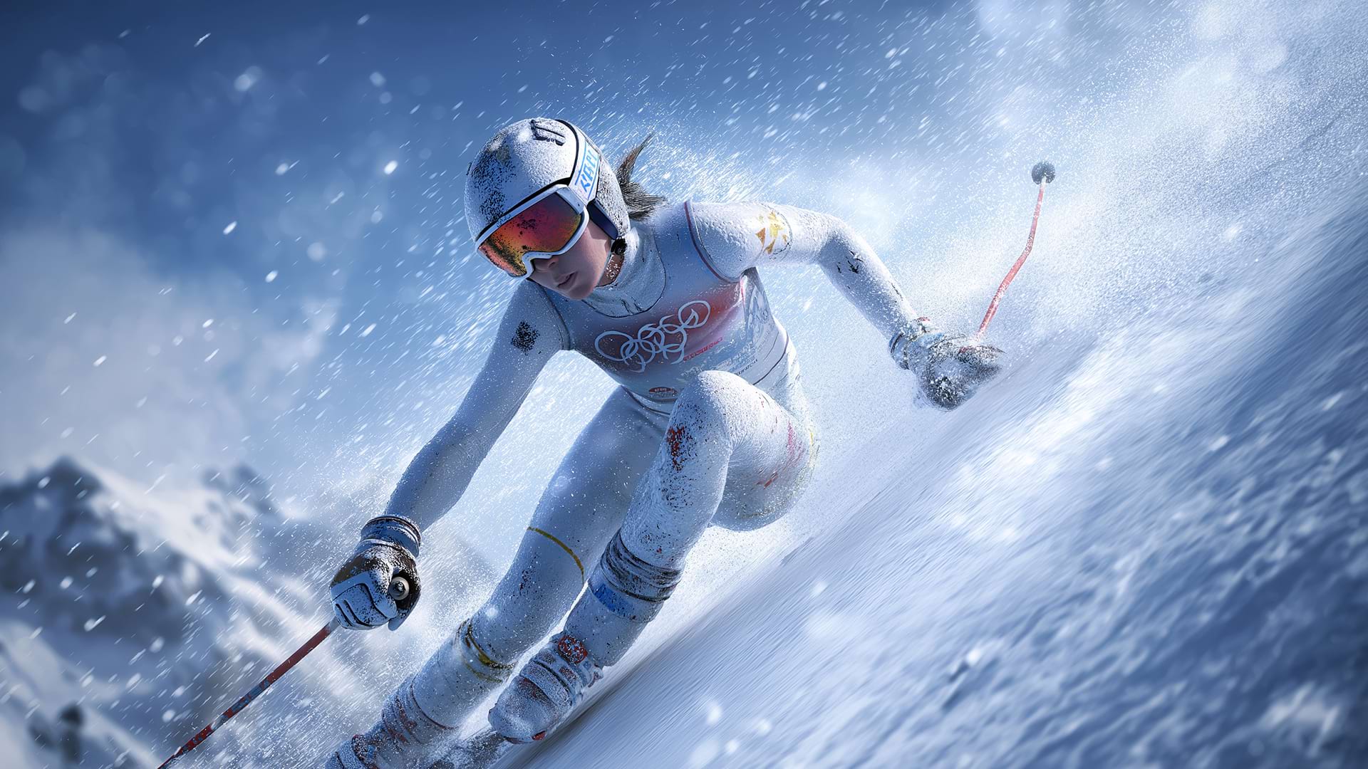 A skier in a white suit and helmet races downhill on a snowy slope, creating a spray of snow. The scene is dynamic and exhilarating.