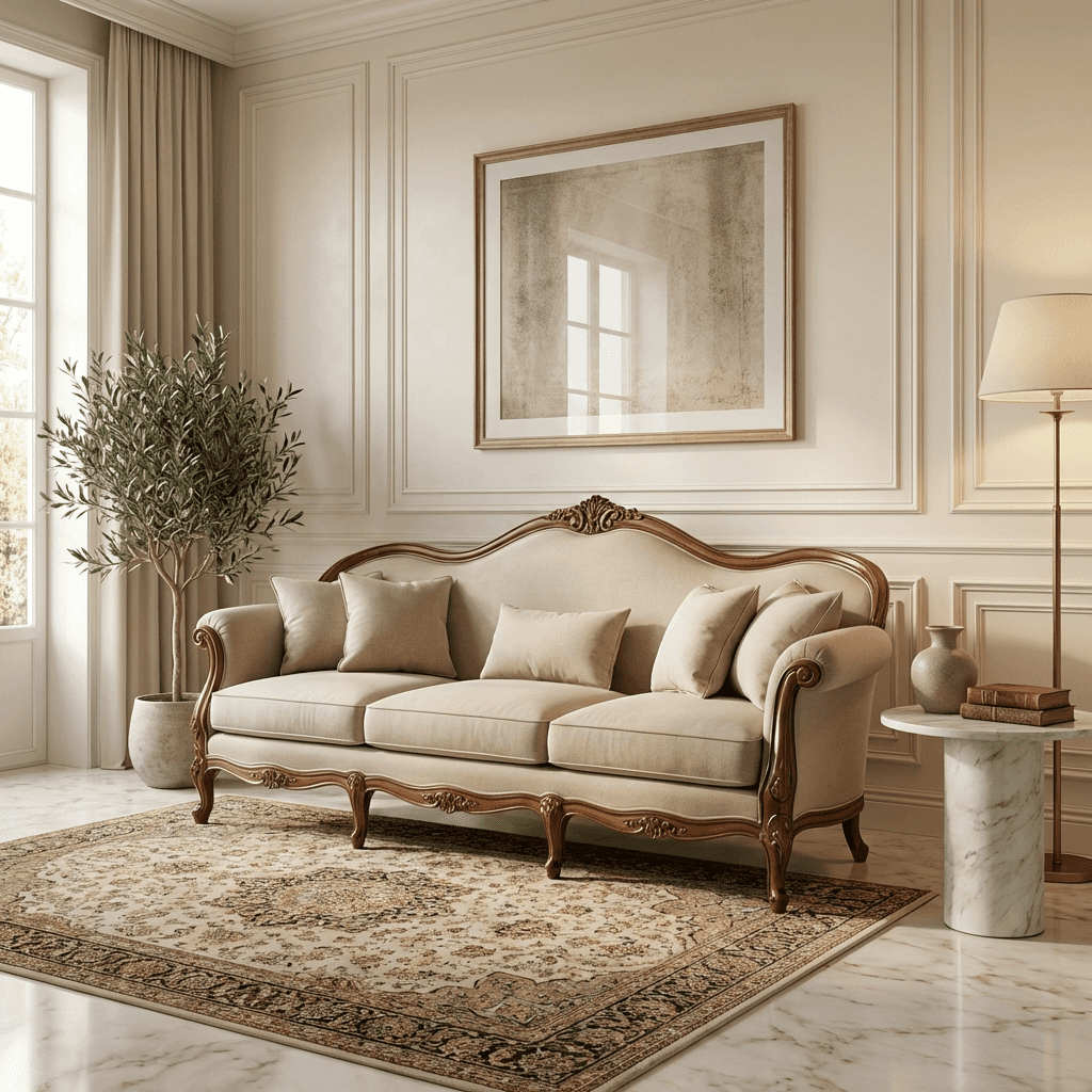 Classic upholstered sofa with curved wooden frame, soft cushions, and refined detailing