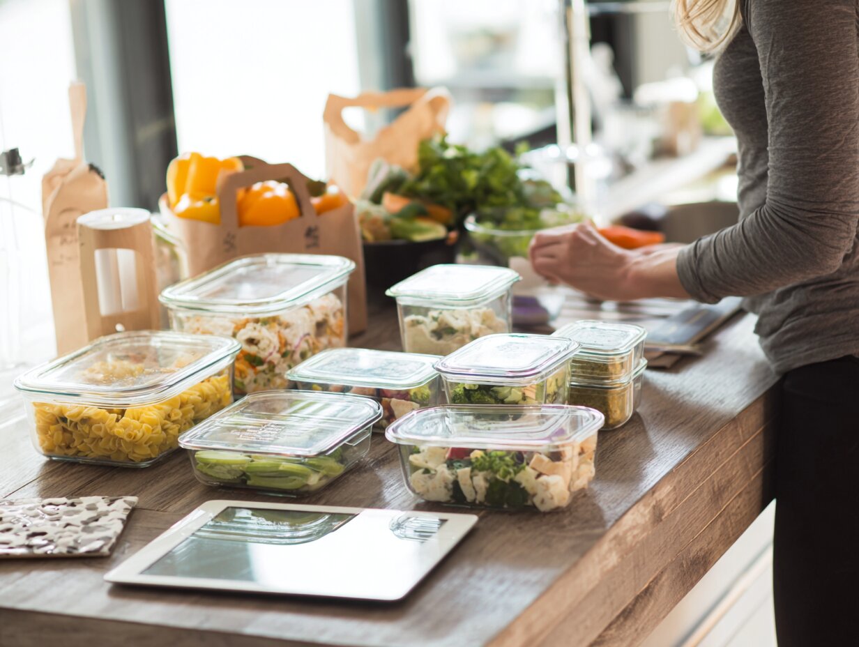 Private chef organizing labeled healthy meal prep containers with fresh produce and weekly menu checklist in a bright Houston kitchen.oliday or corporate private dinner in a Houston venue with gourmet plates, candles, and professional chef service.