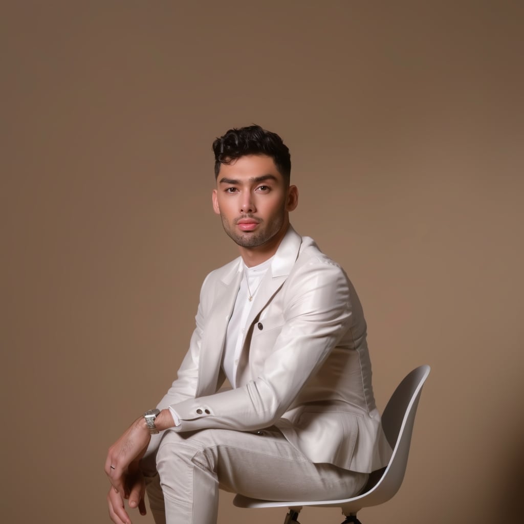 Close-up shot of a man on brown coat leaning on a peach and light brown wall.