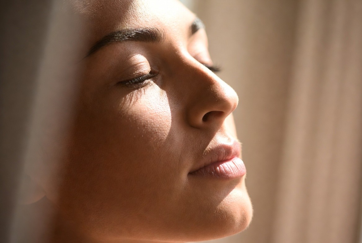 Woman in profile with eyes closed, natural lashes, soft golden hour lighting.