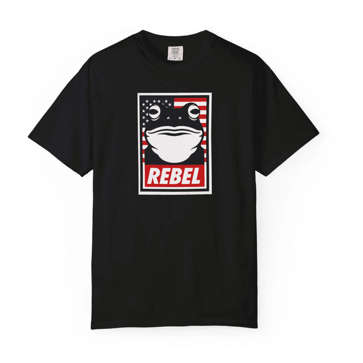 A T-Shirt with an illustration of a frog and words "Rebel"