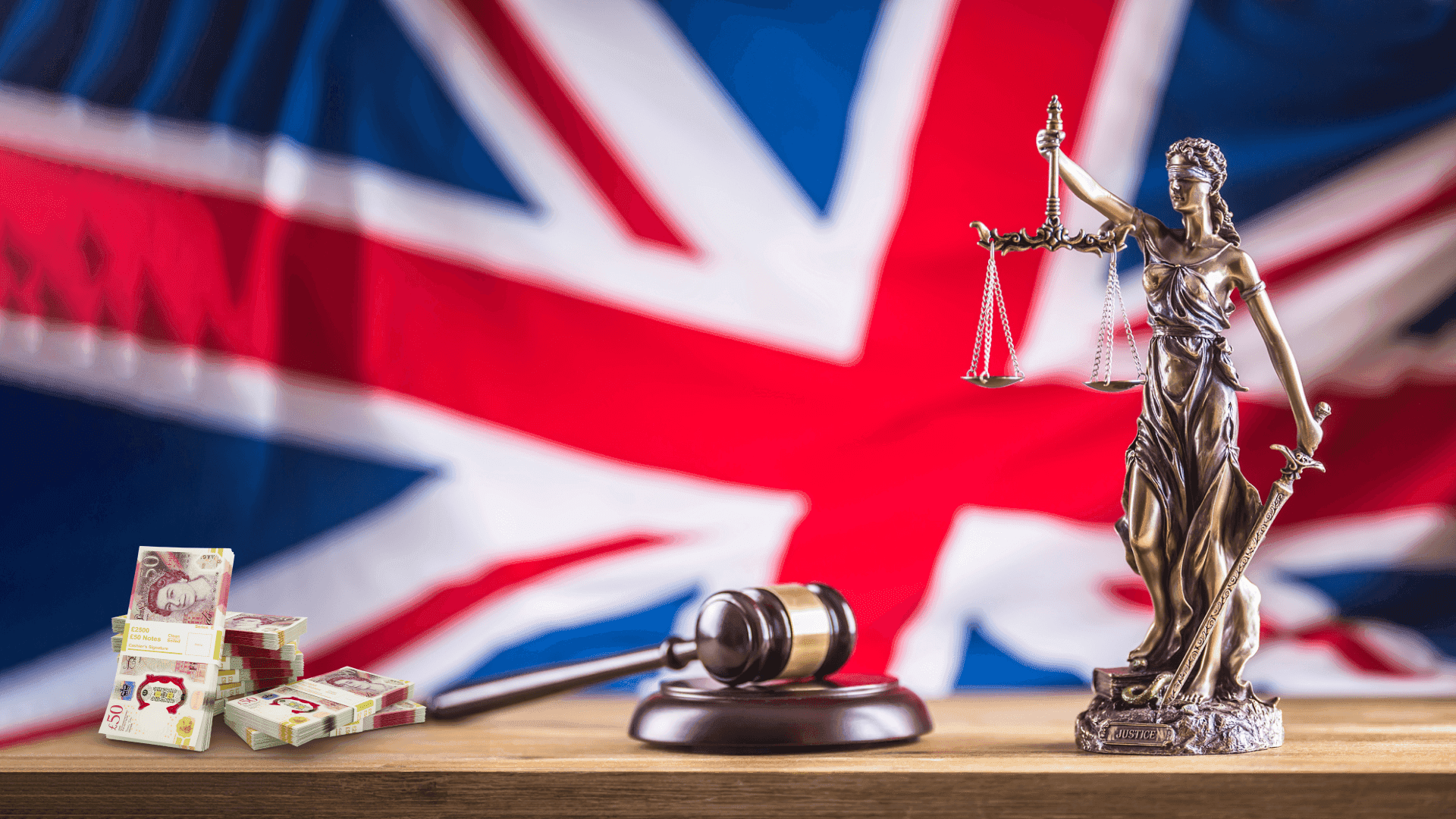 UK money laundering compliance lessons with Lady Justice statue, gavel, cash stacks, and UK flag in the background