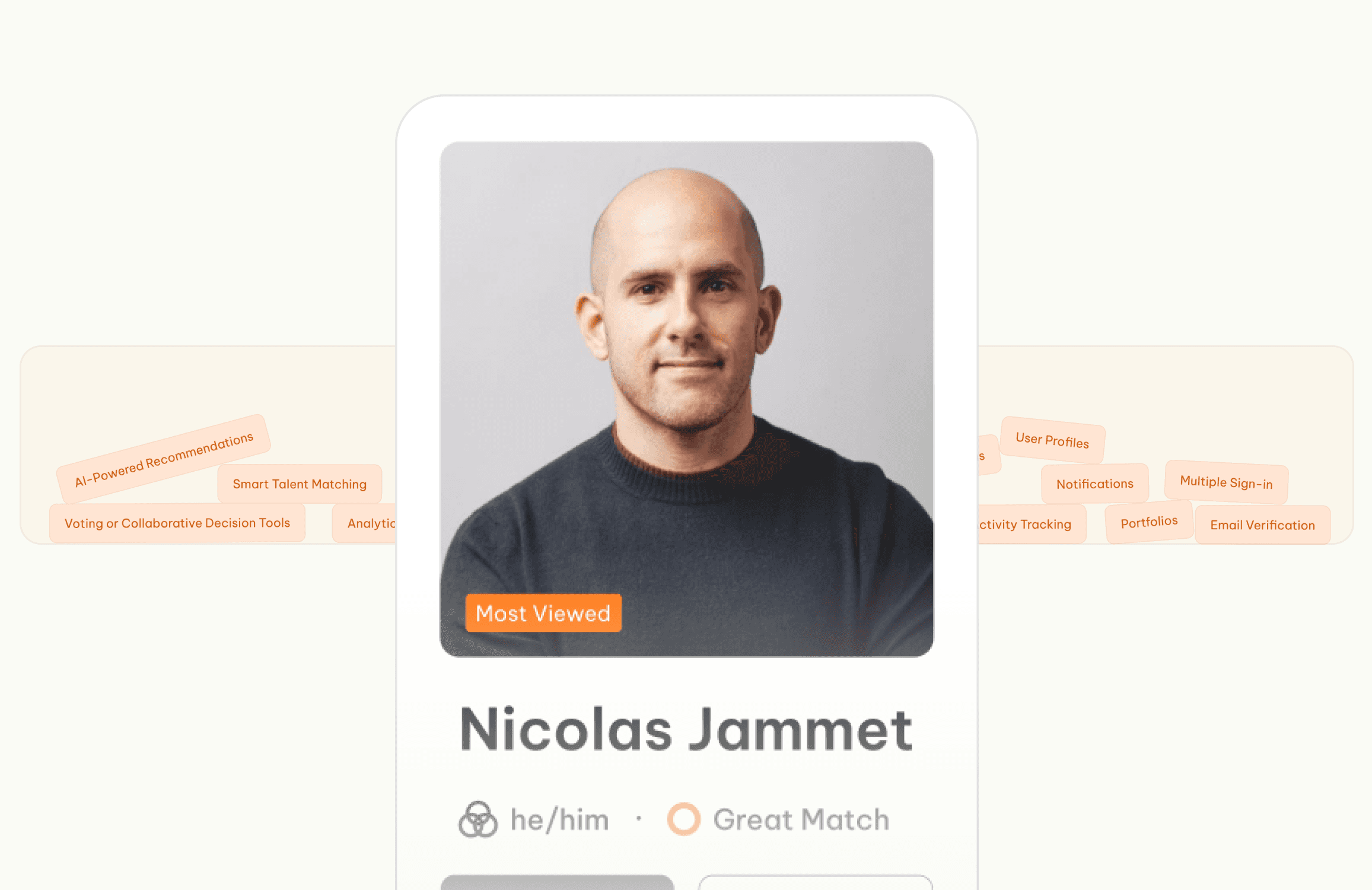 A person with a shaved head wearing a dark sweatshirt is featured on a profile card labeled "Most Viewed," surrounded by tags such as "Smart Talent Matching" and "User Profiles."