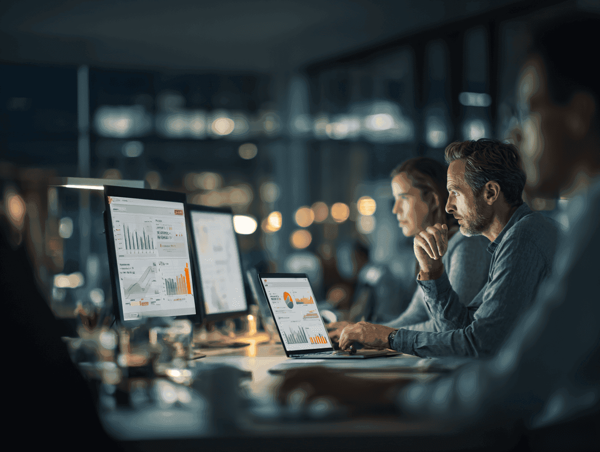 A professional yet warm scene of business analysts reviewing financial dashboards and charts