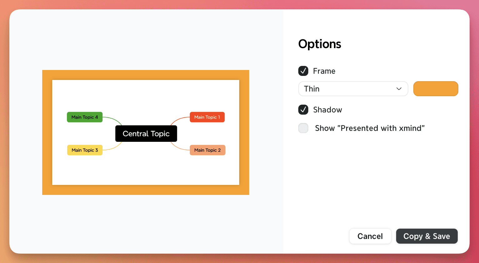 Mind map interface showing a central topic with connected ideas and options for frame and shadow settings.