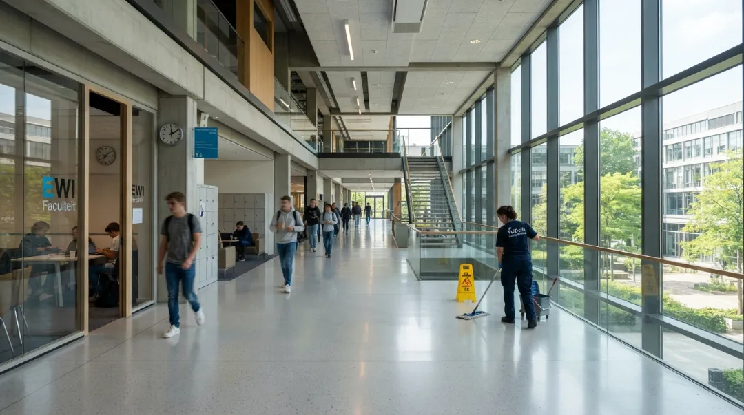 Facilitair medewerkers inspecteren de vloer in een zaal