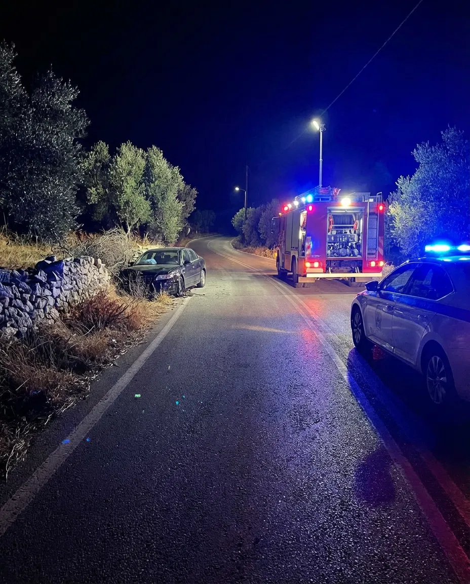 Nighttime rural road accident scene in Lasithi Crete