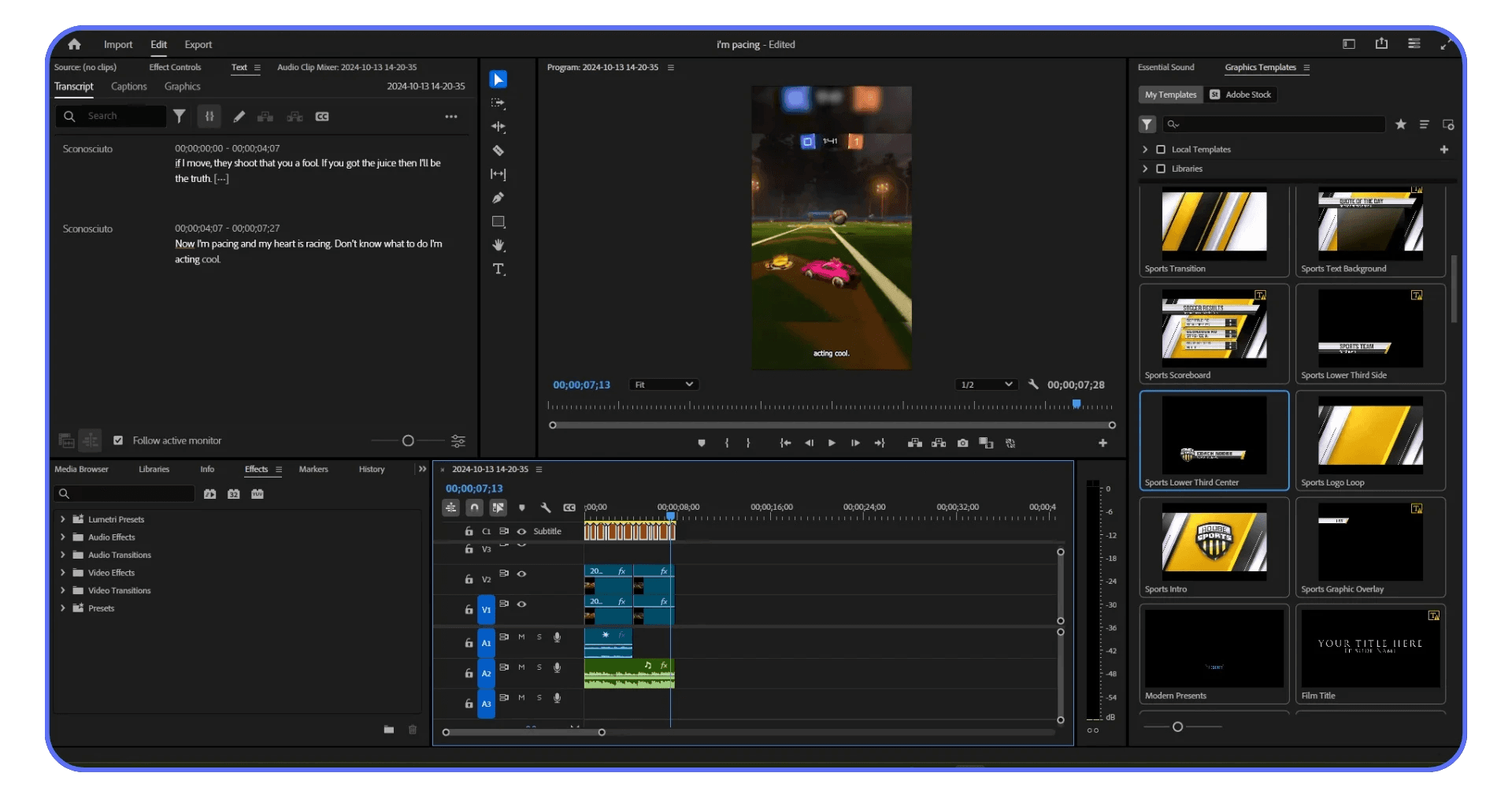 Adobe Premiere Pro workspace editing vertical video with Essential Graphics templates visible on the right