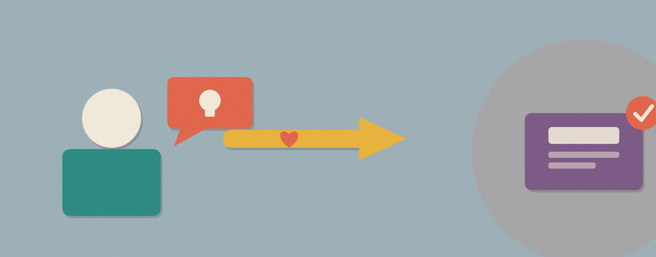 Paper-cutout flow on textured dusty blue: an expert figure with a lightbulb speech bubble, a trust arrow carrying a heart, landing on a brand card that lights up with a check — teaching builds trust that transfers to the brand. Raised Media.